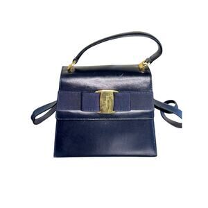 Salvatore Ferragamo Vintage Top Handle Bag in Navy Blue w/Gold Hardware